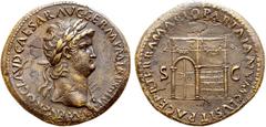 Roman Imperial Nero Æ Sestertius. Rome, AD 67. IMP NERO CLAVD CAESAR AVG GERM P M TR P XIII P P, laureate head right, aegis on far shoulder / PACE P R TERRA MARIQ PARTA IANVM CLVSIT, view of the Templ