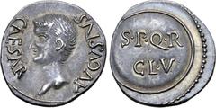 Roman Imperial Civil War, Vindex AR Denarius. Uncertain mint in Gaul, AD 68. AVGVSTVS CAESAR, bare head of youthful Augustus to left / S•P•Q•R - CL•V inscribed in two lines on clipeus virtutis. Nicola