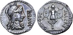 Roman Imperial Clodius Macer AR Denarius. Carthage(?), April - October(?) AD 68. Helmeted head of Roma right; ROMA before, S-C across fields / L CLODI MACRI, trophy. RIC 31 var. (SC below); BMCRE p. 2