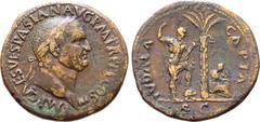 Roman Imperial Vespasian Æ Sestertius. Rome, AD 71. IMP CAES VESPASIAN AVG P M TR P P P COS III, laureate head right / IVDAEA CAPTA, palm tree; to left, Vespasian, holding spear and parazonium, standi
