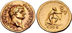 Roman Imperial Domitian, as Caesar, AV Aureus. Rome, AD 77-78. CAESAR AVG F DOMITIANVS, laureate head right / Captive kneeling to right, offering up standard with vexillum; COS V in exergue. RIC 959 (
