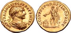 Roman Imperial Trajan AV Aureus. Rome, AD 107-108. IMP TRAIANO AVG GER DAC P M TR P, laureate, draped and cuirassed bust to right / COS V P P S P Q R OPTIMO PRINC, Hercules standing to left, holding c