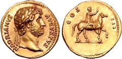 Roman Imperial Hadrian AV Aureus. Rome, AD 125-128. HADRIANVS AVGVSTVS, laureate head right / Hadrian on horseback right, raising right hand; COS III across field. RIC II.3 781; C. 406; Calicó 1218a. 