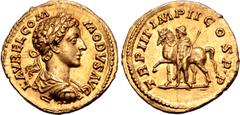 Roman Imperial Commodus, as Caesar, AV Aureus. Rome, AD 178. L AVREL COMMODVS AVG, laureate, draped and cuirassed bust right / TR P III IMP II COS P P, Castor standing left, holding spear and horse by