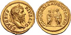 Roman Imperial Septimius Severus, with Caracalla and Geta, AV Aureus. Rome, AD 210. SEVERVS PIVS AVG, laureate head right / CONCORDIA AVGVSTORVM, Caracalla and Geta, each laureate and togate, standing