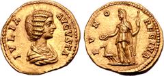 Roman Imperial Julia Domna (wife of S. Severus) AV Aureus. Rome, AD 195. IVLIA AVGVSTA, draped bust right / IVNO REGINA, Juno standing left, holding patera in right hand and sceptre in left; at feet t