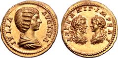 Roman Imperial Julia Domna (wife of S. Severus) AV Aureus. Rome, AD 201. IVLIA AVGVSTA, draped bust right / AETERNIT IMPERI, confronted laureate, draped and cuirassed bust of Septimius Severus facing 