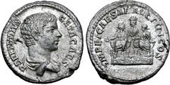 Roman Imperial Geta, as Caesar, AR Denarius. Rome, AD 205-206. P SEPTIMIVS GETA CAES, bare-headed and draped bust right / IMP ET CAESAR AVG FILI COS, Septimius (or Concordia?) standing facing on dias,