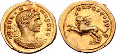 Roman Imperial Aurelian AV Aureus. Rome, AD 272. AVRELIANVS AVG, laureate and cuirassed bust right, with slight drapery on left shoulder / P M TR P COS P P, radiate lion leaping to left, holding thund