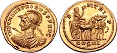 Roman Imperial Probus AV Aureus. Siscia, AD 279. IMP C M AVR PROBVS P F AVG, draped and cuirassed bust left wearing ornate helmet, presenting spear and holding shield decorated with aegis / P M TRI P,