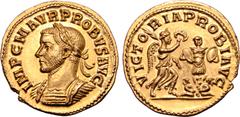 Roman Imperial Probus AV Aureus. Lugdunum, Summer AD 281. IMP C M AVR PROBVS AVG, laureate and cuirassed bust left / VICTORIA PROBI AVG, Victory advancing right, holding wreath and palm branch; to rig