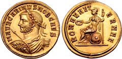Roman Imperial Carinus AV Aureus. Siscia, AD 282-283. M AVR CARINVS NOB CAES, laureate, draped and cuirassed bust to left, holding spear and shield decorated with figure of emperor on horseback about 