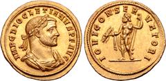 Roman Imperial Diocletian AV Aureus. Siscia, AD 286. IMP C DIOCLETIANVS P F AVG, laureate, draped and cuirassed bust right / IOVI CONSERVATORI, Jupiter standing facing with head to left, nude but for 