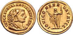 Roman Imperial Maximian AV Aureus. Rome, AD 286-287. IMP C M AVR VAL MAXIMIANVS AVG, draped bust of Maximian to right, wearing lion skin headdress / IOVI CONSERVAT AVGG, Jupiter standing to left, hold