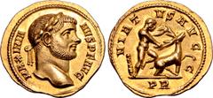 Roman Imperial Maximian AV Aureus. Rome, AD 287. MAXIMIANVS P F AVG, laureate head to right / VIRTVS AVGG, Hercules standing to right, kneeling with left leg on the rump of the Ceryneian Hind, which h