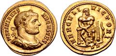 Roman Imperial Maximian AV Aureus. Rome, AD 293-294. MAXIMIANVS AVGVSTVS, laureate, draped and cuirassed bust right / HERCVLI VICTORI, Hercules seated facing on rock, head to right, lion's skin on lap