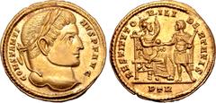 Roman Imperial Constantine I 'the Great' AV Solidus. Treveri, AD 314-15. CONSTANTINVS P F AVG, laureate head right / RESTITVTORI LIBERTATIS, Roma, holding sceptre in left hand, enthroned right, shield
