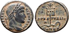 Roman Imperial Constantine I 'the Great' Æ Nummus. Constantinople, AD 327. CONSTANTINVS MAX AVG, laureate head right / Labarum, with three medallions on vexillum and surmounted by Christogram, piercin