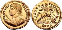 Roman Imperial Crispus AV Solidus. Nicomedia, AD 324-325. FL IVL CRISPVS NOB CAES, laureate 'heroic' bust left, seen from behind, holding spear and shield to front, balteus over right shoulder / VIRTV