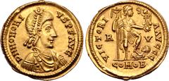 Roman Imperial Honorius AV Solidus. Ravenna, AD 395-423. D N HONORIVS P F AVG, pearl-diademed, draped and cuirassed bust right / VICTORIA AVGGG, emperor standing to right, left foot on captive, holdin