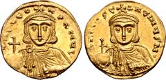 Byzantine Leo III 'the Isaurian', with Constantine V, AV Solidus. Constantinople, AD 724-731. ∂ NO LЄON P A MЧL, crowned bust of Leo facing, wearing chlamys, holding globus cruciger and akakia / ∂ N C