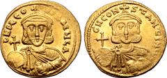 Byzantine Leo III 'the Isaurian', with Constantine V, AV Solidus. Constantinople, AD 733-735. C NO LЄO[N P A] MЧL A, crowned and draped bust of Leo facing, holding globus cruciger and akakia / C N CON