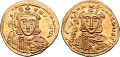 Byzantine Leo III 'the Isaurian', with Constantine V, AV Solidus. Constantinople, AD 745-750. N C LЄON P A MЧL, crowned and draped bust of Leo facing, holding cross potent and akakia / Γ CONSƮANƮINЧ Θ
