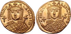 Byzantine Irene AV Solidus. Constantinople, AD 797-802. ЄIRIҺH bASILISSH, crowned facing bust of Irene, wearing loros, holding globus cruciger in right hand, cruciform sceptre in left / •ЄIPIҺH bASILI