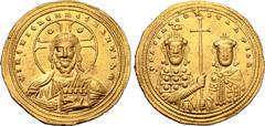 Byzantine Basil II Bulgaroktonos, with Constantine VIII, AV Histamenon Nomisma. Constantinople, AD 1019-1025. ⧾ IҺS XIS RЄX RЄGNANTIҺM, bust of Christ facing, wearing nimbus with crescents in upper qu