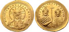 Byzantine Basil II Bulgaroktonos, with Constantine VIII, AV Histamenon Nomisma. Constantinople, AD 1019-1025. ⧾ IҺS XIS RЄX RЄGNANTIҺM, bust of Christ facing, wearing nimbus with crescents in upper qu