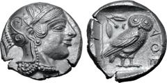 Greek Attica, Athens AR Tetradrachm. Circa 454-440 BC. Late "transitional" issue. Head of Athena to right, wearing crested Attic helmet ornamented with three olive leaves above visor and spiral palmet