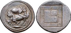 Greek Macedon, Akanthos AR Tetradrachm. Circa 470-430 BC. Lion to right, leaping upon and attacking bull to left; tunny fish swimming to left in exergue / AKANΘION in shallow incuse around quadriparti