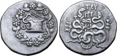 Greek Mysia, Pergamon AR Cistophoric Tetradrachm. Circa 85-76 BC. Serpent emerging from cista mystica; all within ivy wreath / Two serpents entwined around bow and bowcase; TEY over monogram above, ci