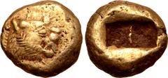 Greek Kingdom of Lydia, Alyattes EL Trite - 1/3 Stater. Sardes, circa 610-546 BC. Head of roaring lion to right, sunburst with five rays on forehead / Two incuse square punches. GRPC Lydia G25; Weidau