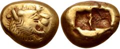 Greek Kingdom of Lydia, Alyattes EL Trite - 1/3 Stater. Sardes, circa 610-546 BC. Head of roaring lion to right, sunburst with five rays on forehead / Two incuse square punches. GRPC Lydia G25; Weidau