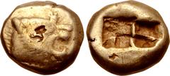 Greek Kingdom of Lydia, Alyattes EL Trite - 1/3 Stater. Sardes, circa 610-546 BC. Head of roaring lion to right, sunburst with five rays on forehead / Two incuse square punches. GRPC Lydia G25; Weidau