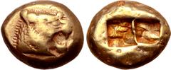 Greek Kingdom of Lydia, Alyattes EL Trite - 1/3 Stater. Sardes, circa 610-546 BC. Head of roaring lion to right, sunburst with five rays on forehead / Two incuse square punches. GRPC Lydia G25; Weidau