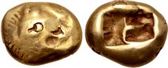 Greek Kingdom of Lydia, Alyattes EL Trite - 1/3 Stater. Sardes, circa 610-546 BC. Head of roaring lion to right, sunburst with four(?) rays on forehead / Two incuse square punches. GRPC Lydia G24; Wei
