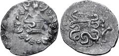 Greek Lydia, Tralleis AR Cistophoric Tetradrachm. Ptol-, magistrate. Dated CY 2 = 132/1 BC. Serpent emerging from cista mystica; all within ivy wreath / Two serpents entwined around bow and bowcase; Π