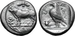 Greek Cyprus, Paphos AR Stater. Stasandros, circa 425 BC or later. Bull standing to left; winged solar disk above, ankh to left, palmette ornament in exergue / Eagle standing to left; one-handled vase
