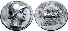Greek Greco-Baktrian Kingdom, Eukratides I Megas AR Tetradrachm. Circa 170-145 BC. Helmeted bust to right / The Dioskouroi on horses prancing right, each holding spear and palm; ΒΑΣΙΛΕΩΣ ΜΕΓΑΛΟΥ above