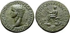 Roman Imperial Nero Claudius Drusus (father of Claudius I) Æ Sestertius. Rome, AD 50-54. NERO CLAVDIVS DRVSVS GERMANICVS IMP, bare head to left / TI CLAVDIVS CAESAR AVG P M TR P IMP P P, Claudius, tog