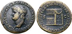 Roman Imperial Nero Æ Sestertius. Lugdunum, AD 65. IMP NERO CAESAR AVG PONTIF MAX TRIB POT P P, laureate head to left, globe at point of bust / PACE P R TERRA MARIQ PARTA IANVM CLVSIT, Temple of Janus