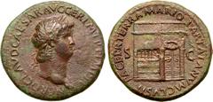 Roman Imperial Nero Æ Sestertius. Rome, AD 66. NERO CLAVDIVS CAESAR AVG GER P M TR P IMP P P, laureate head to right / PACE P R TERRA MARIQ PARTA IANVM CLVSIT, temple of Janus with latticed windows an