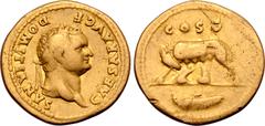 Roman Imperial Domitian, as Caesar, AV Aureus. Rome, AD 77-78. CAESAR AVG F DOMITIANVS, laureate head to right / She-wolf suckling infants Romulus and Remus, COS V above, boat in exergue. RIC II.2 960