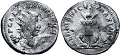 Roman Imperial Gallienus BI Antoninianus. Viminacium, AD 253-260. IMP GALLIENVS P F AVG, radiate bust to right, shield on right shoulder, spear presented before / GERMANICVS MAXIMVS, trophy of arms, w