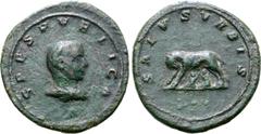 Roman Imperial Valerian II (or Saloninus) Æ Medallion. Rome or Viminacium, autumn AD 256-259/60. SPES PVBLICA, draped bust of Valerian II to right / SALVS VRBIS, she-wolf standing to left, head revert