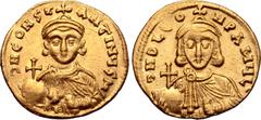 Byzantine Leo III 'the Isaurian', with Constantine V, AV Solidus. Constantinople, AD 724-731. ∂ ND LЄON P A MЧL •, crowned bust of Leo facing, wearing chlamys, holding globus cruciger and akakia / ∂ N