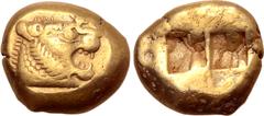 Greek Kingdom of Lydia, Alyattes EL Trite - 1/3 Stater. Sardes, circa 610-546 BC. Head of roaring lion to right, sunburst with five rays on forehead / Two incuse square punches. GRPC Lydia G25; Weidau