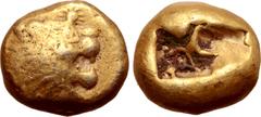 Greek Kingdom of Lydia, Alyattes EL Trite - 1/3 Stater. Sardes, circa 610-546 BC. Head of roaring lion right, sunburst with four rays on forehead / Two incuse square punches. GRPC Lydia G24; Weidauer 